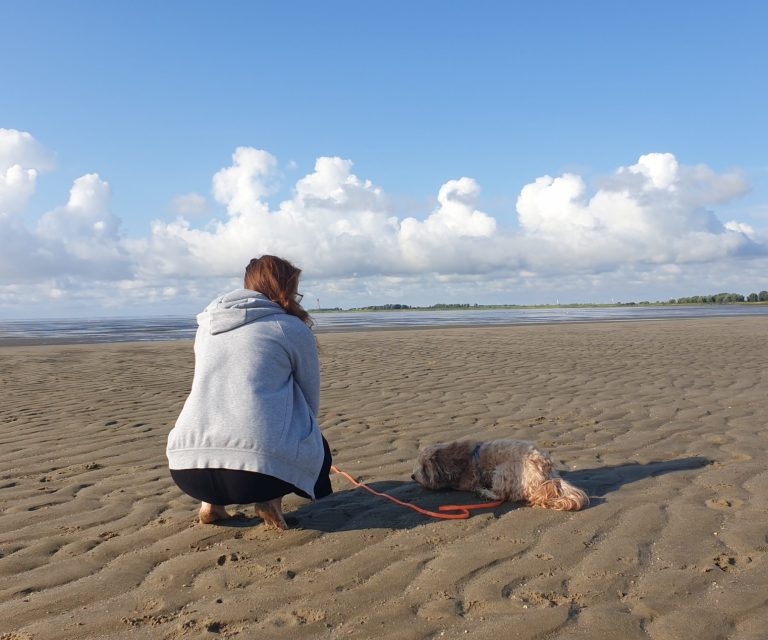 Nordseedünen mit blauem Himmel. Corinna sitzt mit Emmy in den Dünen.